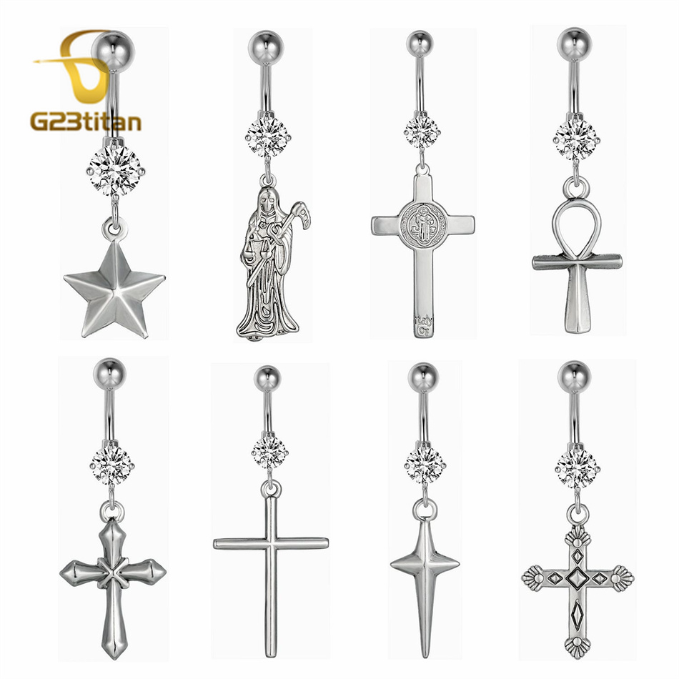 Belly Bar Titanium - Antique Silver Cross Charms Belly Button