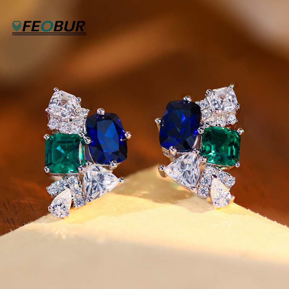 Cluster Stud Ear - 3.2cttw Lab Sapphire Emerald High Carbon