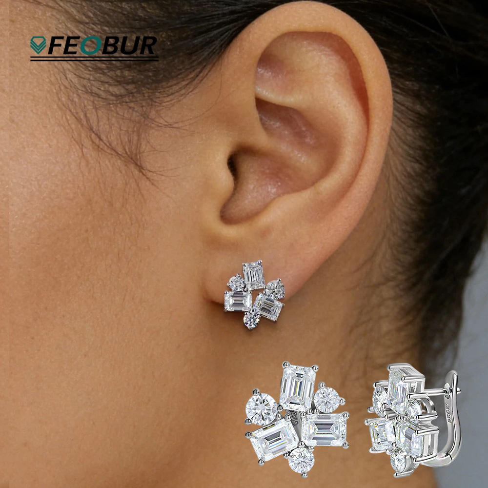 Cluster Stud Ear - 8.2cttw Baguette and Round Moissanite Stud
